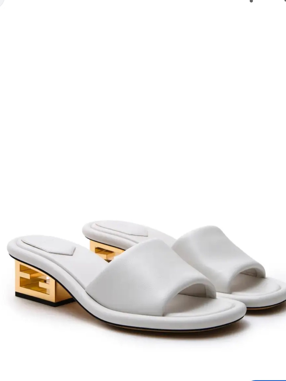 Fendi White Leather Slide Mules with Gold Baguette Heel. Worn once! 37.5